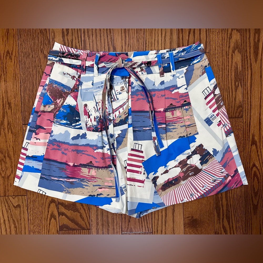 White House Black Market Blue, Pink & Cream Abstract Print Shorts With Tie Belt